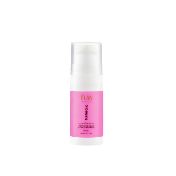 ÉLAN Supersonic Expert System Serum 1 in pink bottle, step 1 solution for professional brow and lash lamination treatments