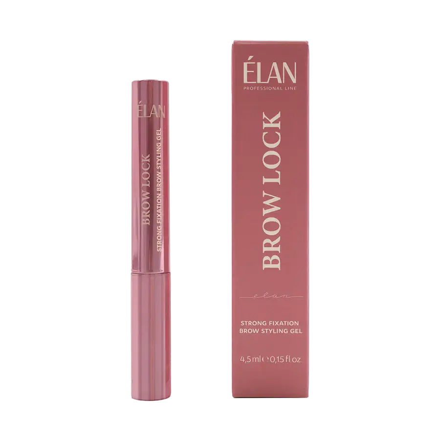 Élan Brow Lock Strong Fixation Brow Styling Gel in 4.5ml tube with matching box, designed for long-lasting eyebrow shaping and hold