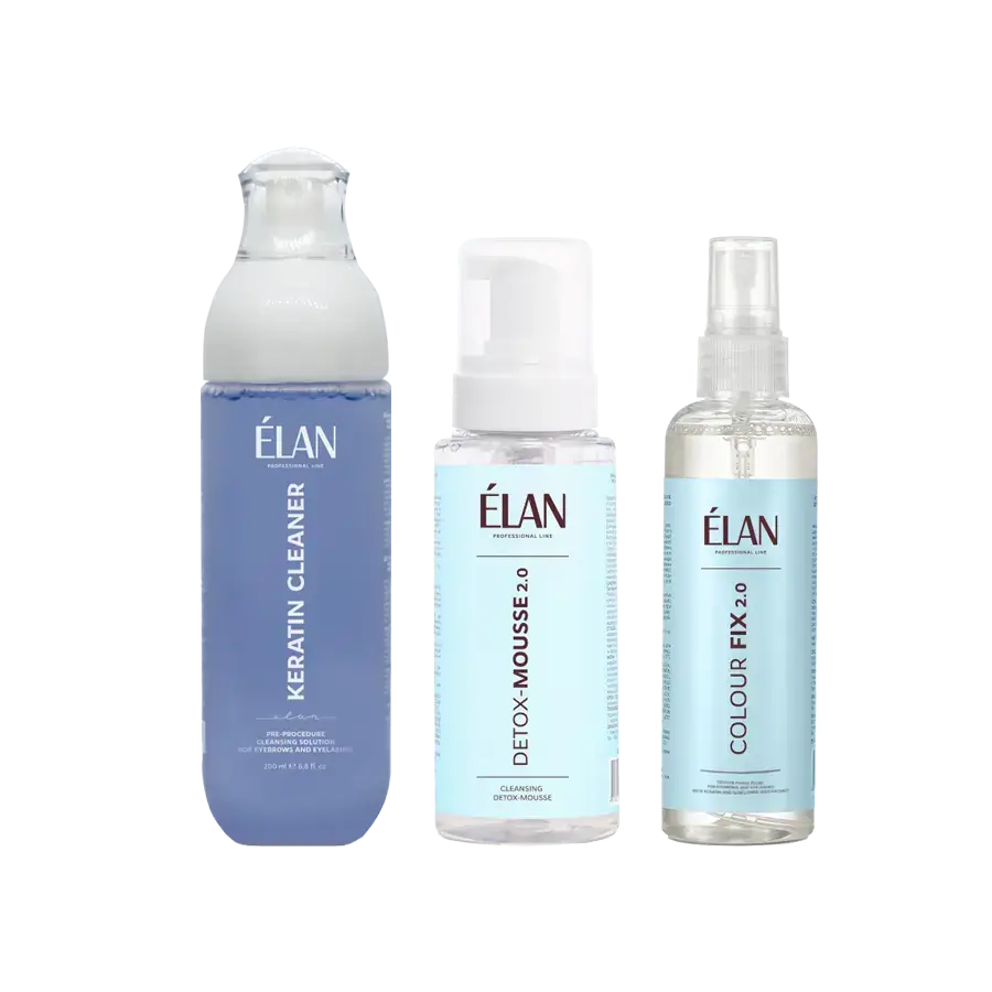 Alt text: ÉLAN Brow Preparing & Fixing Set with Keratin Cleaner, Detox Mousse 2.0, and Colour Fix 2.0 for cleansing, detox, and brow tint fixation