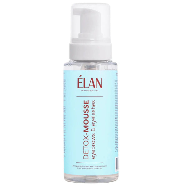 ÉLAN Detox-Mousse for eyebrows and eyelashes, antibacterial cleansing foam in a clear 150ml pump bottle with blue label