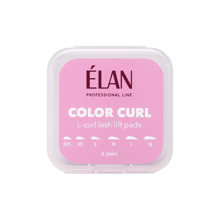 Élan Color Curl L-Curl Lash Lift Pads in pink packaging, containing six pairs of silicone shields in sizes XXS to XL, designed for creating precise L-curl effects in professional lash lift treatments