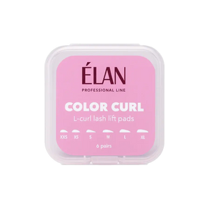 Élan Color Curl L-Curl Lash Lift Pads in pink packaging, containing six pairs of silicone shields in sizes XXS to XL, designed for creating precise L-curl effects in professional lash lift treatments