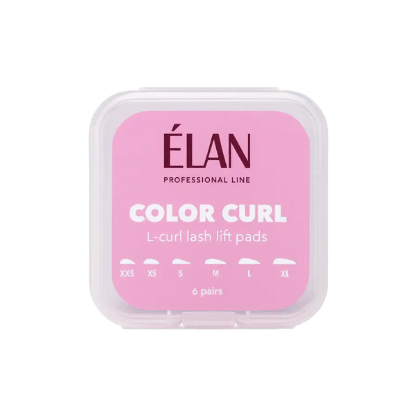 Élan Color Curl L-Curl Lash Lift Pads in pink packaging, containing six pairs of silicone shields in sizes XXS to XL, designed for creating precise L-curl effects in professional lash lift treatments