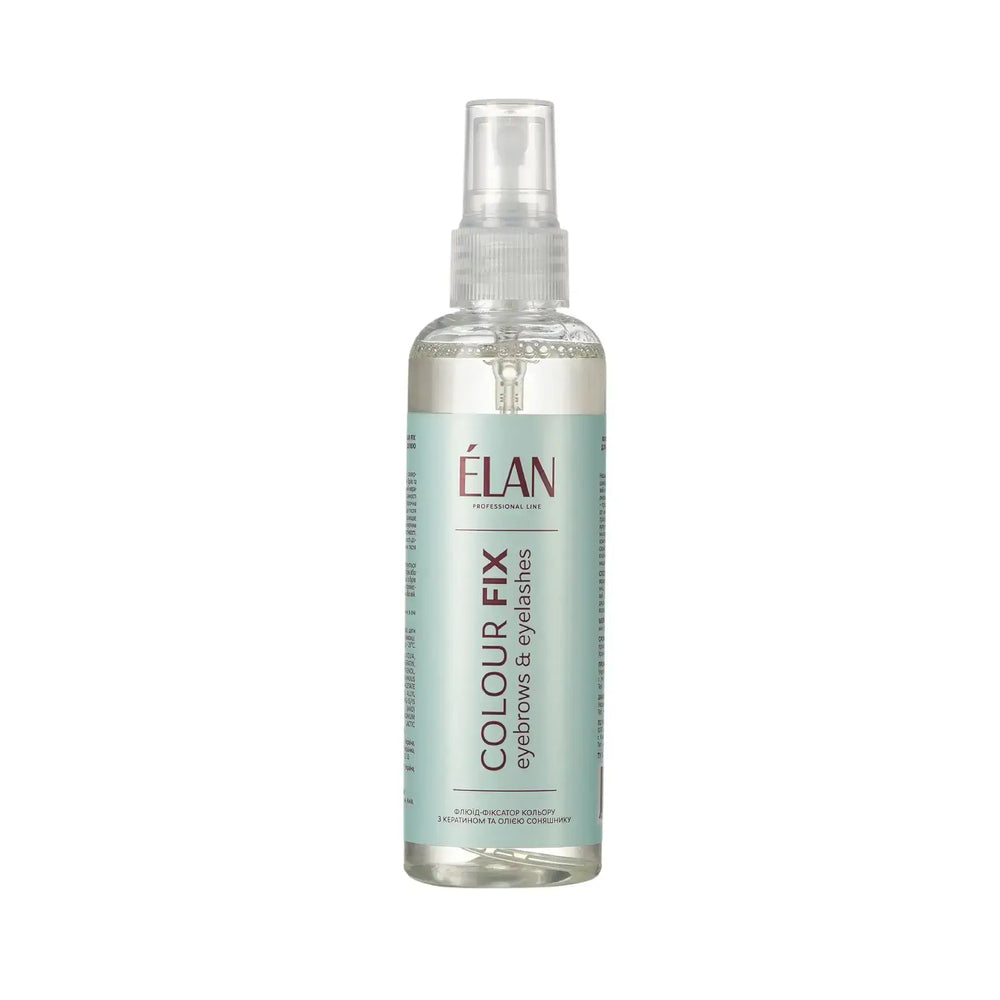ÉLAN Colour Fix fluid for eyebrows and eyelashes with keratin and sunflower seed oil in a clear 150ml spray bottle with mint green label.