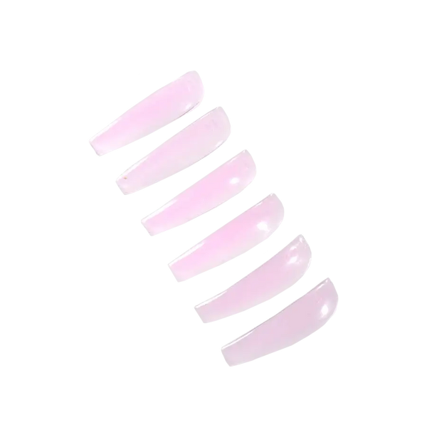 Six soft pink ÉLAN WOW Lash Shields shown in a diagonal row on black background, used for lifting and curling lashes during professional lash lamination.