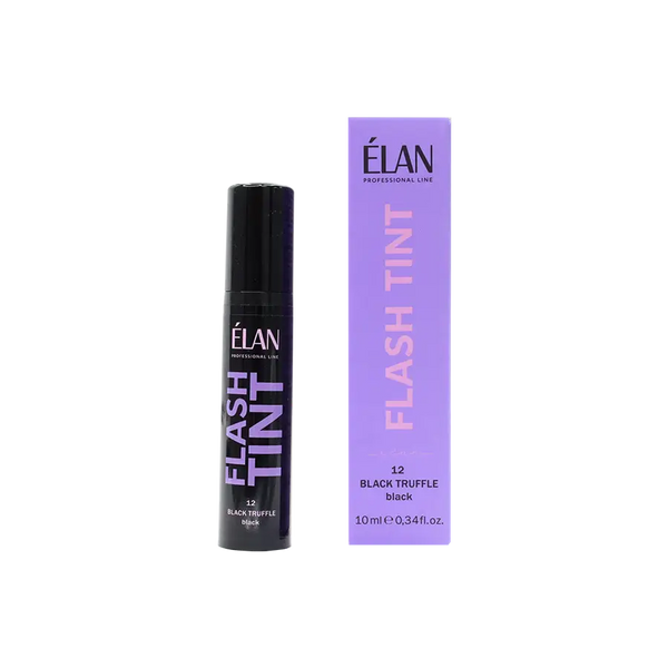 Élan Flash Tint 12 Black Truffle in intense black shade, shown with purple packaging, designed for professional brow and lash tinting