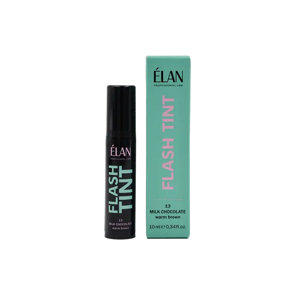 Élan Flash Tint 13 Milk Chocolate in warm brown shade, shown with mint green packaging, ideal for tinting brows and lashes