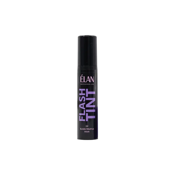 Élan Flash Tint in 12 Black Truffle, a rich black shade for brows and lashes, featured in a tube with purple packaging