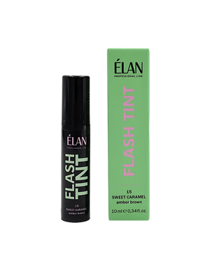 Élan Flash Tint Sweet Caramel 10ml with box, amber brown eyebrow tint designed for professional use with long-lasting, defined results