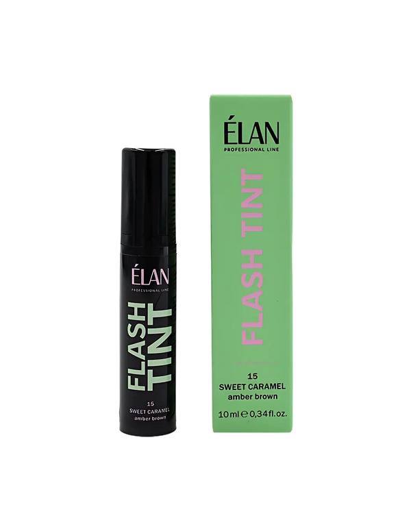Élan Flash Tint Sweet Caramel 10ml with box, amber brown eyebrow tint designed for professional use with long-lasting, defined results