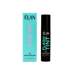 Élan Flash Tint 09 Warm Brown with turquoise box and black bottle, a professional eyebrow tint for creating natural warm-toned brows