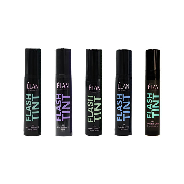 Elan Flash Tint eyebrow dye bottles in Milk Chocolate, Black Truffle, Sweet Caramel, Dark Coffee, and Warm Brown shades
