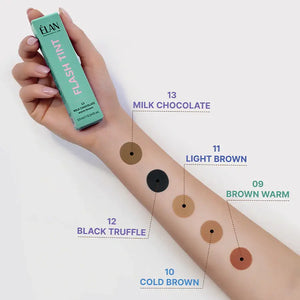 Swatches of Élan Flash Tint in Milk Chocolate, Black Truffle, Light Brown, Cold Brown, and Brown Warm displayed on a forearm.Swatches of Élan Flash Tint in Milk Chocolate, Black Truffle, Light Brown, Cold Brown, and Brown Warm displayed on a forearm