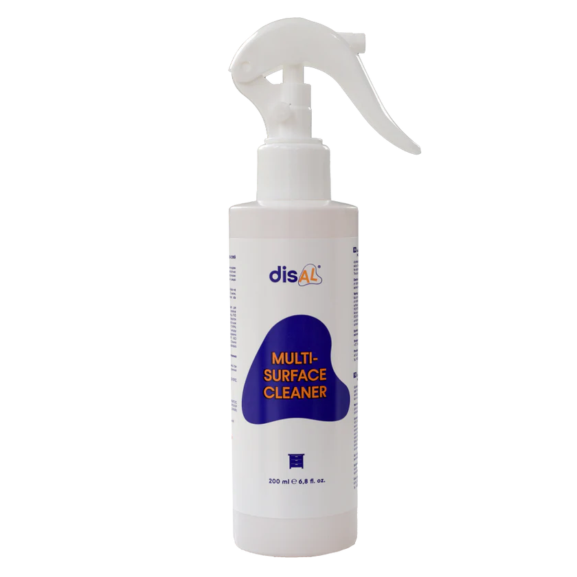 Disal Multi-Surface Cleaner 200ml in a white spray bottle with a dark blue and orange label, formulated for cleaning various salon surfaces