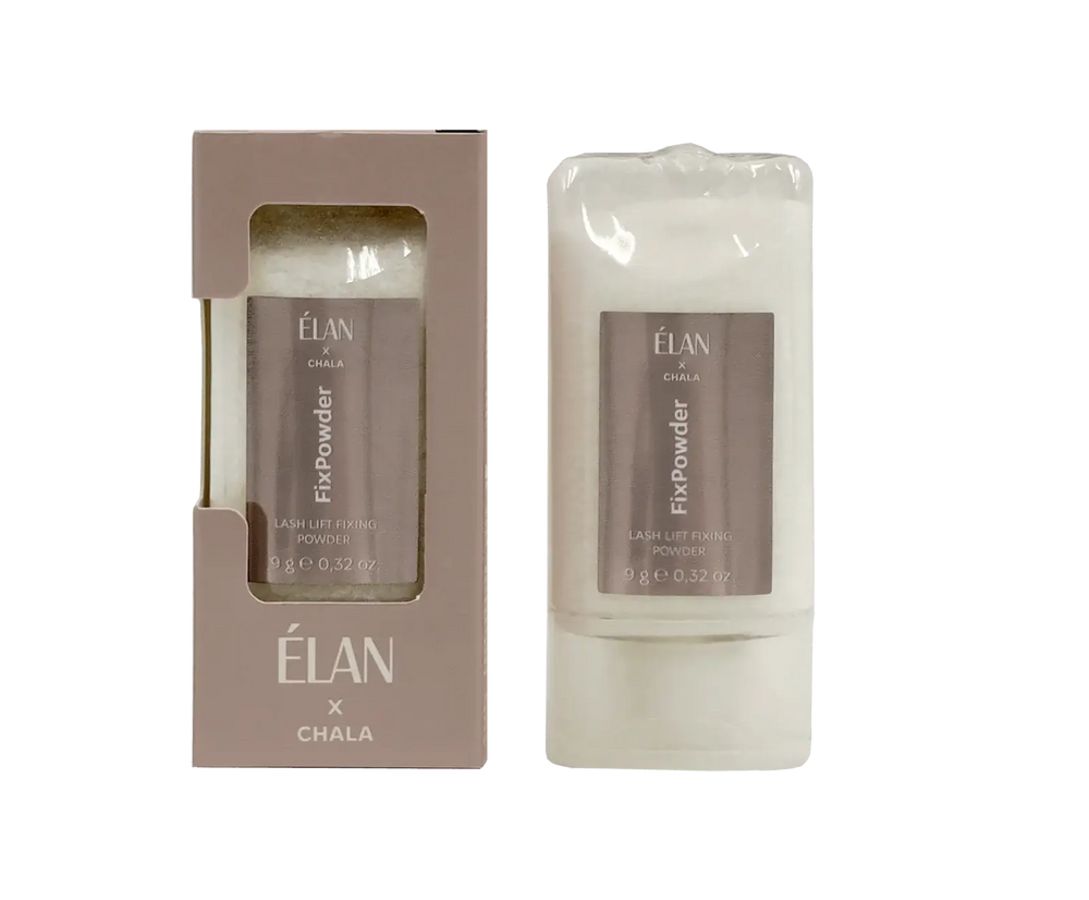 Élan x Chala FixPowder Lash Lift Fixing Powder, 9 g, shown in soft beige packaging with product visible through a transparent window