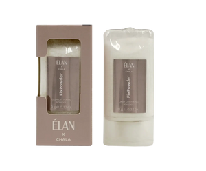 Élan x Chala FixPowder Lash Lift Fixing Powder, 9 g, shown in soft beige packaging with product visible through a transparent window