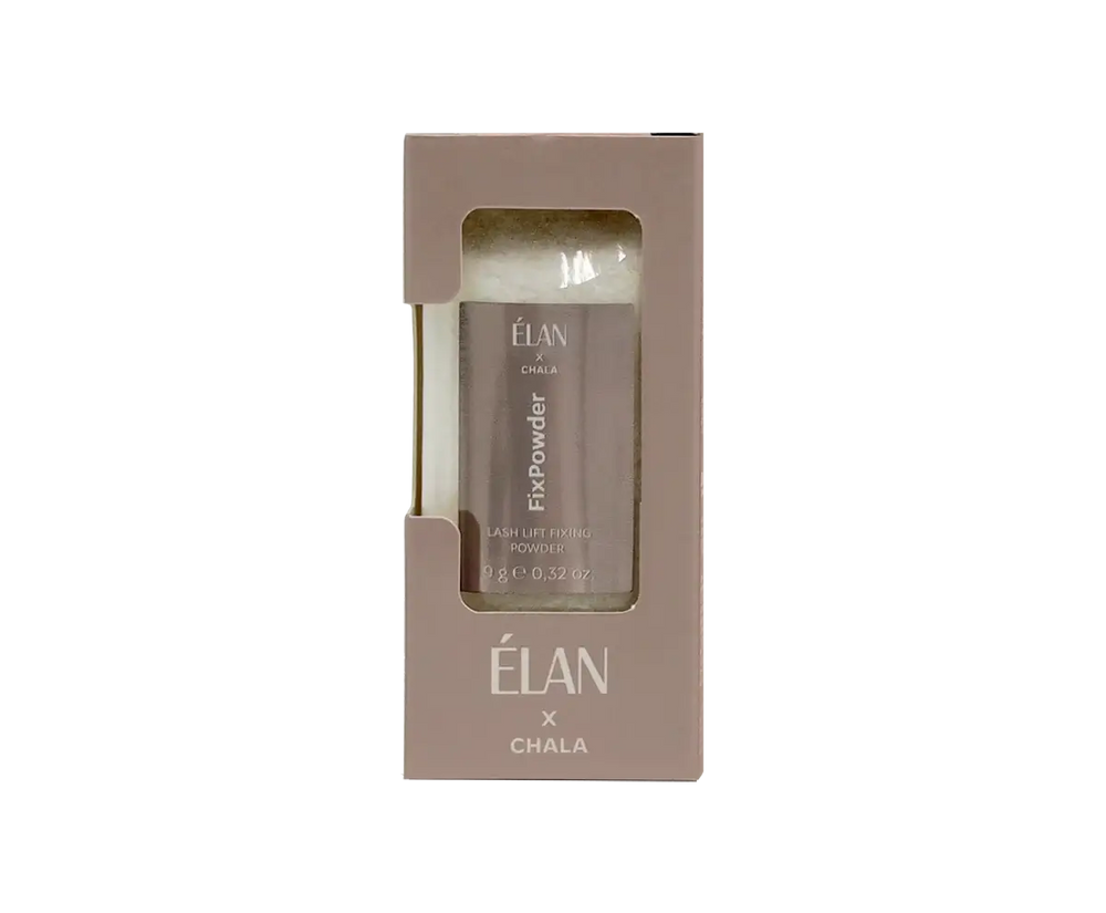 Élan x Chala FixPowder Lash Lift Fixing Powder, 9 g, shown in soft beige packaging with product visible through a transparent window