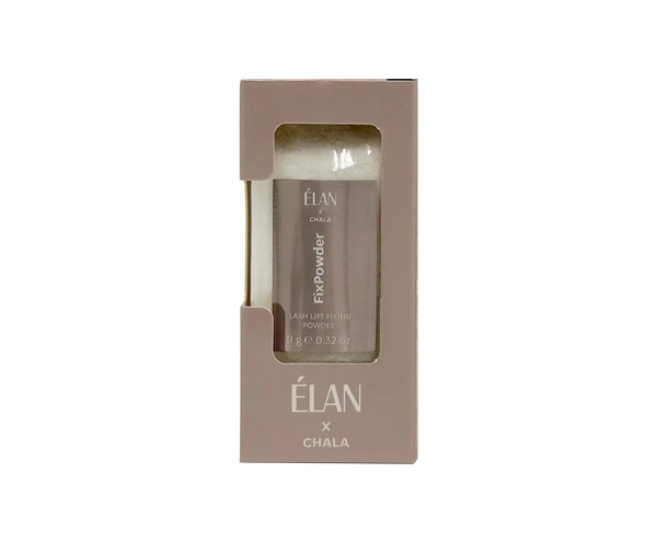 Élan x Chala FixPowder Lash Lift Fixing Powder, 9 g, in elegant beige box with a clear window revealing the sleek product container inside