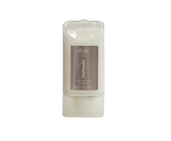 Élan x Chala FixPowder Lash Lift Fixing Powder, 9 g, in a sleek cylindrical container with beige label and protective clear wrapping