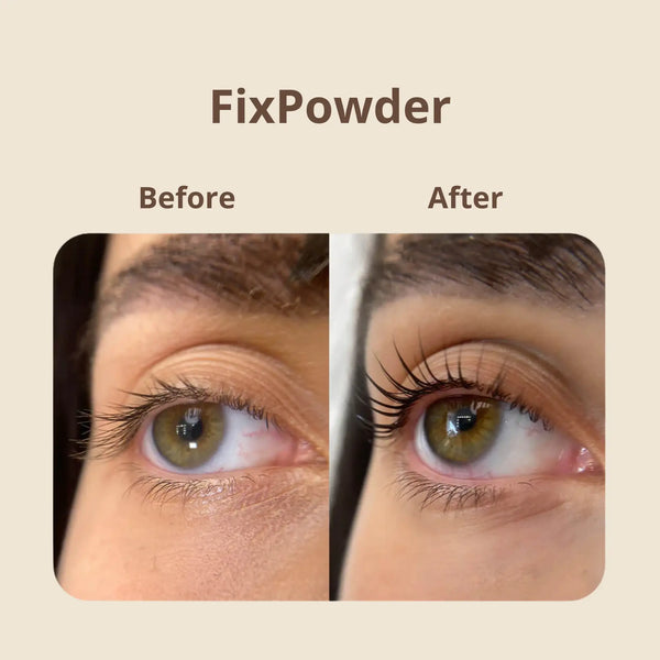 Close-up before and after of an eye showing the lash lift effect with Élan FixPowder, enhancing lash curl, length, and definition