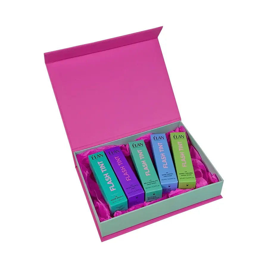 Elan Flash Tint eyebrow dye bottles in Milk Chocolate, Black Truffle, Sweet Caramel, Dark Coffee, and Warm Brown shades