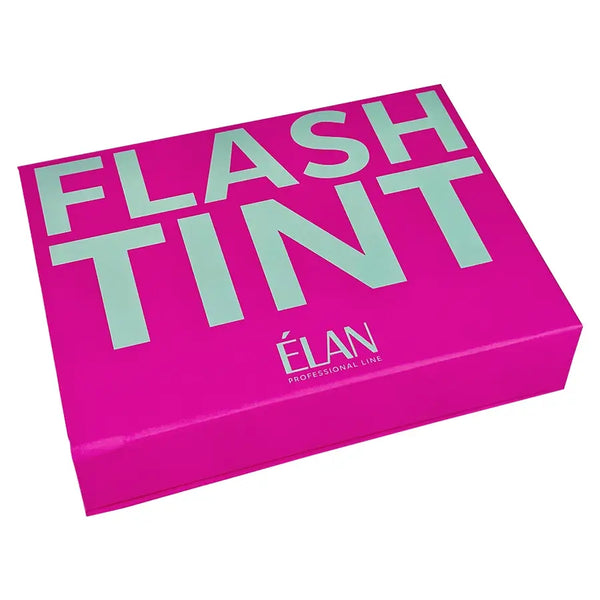 Élan Flash Tint Professional Brow Tinting Set in bold pink packaging with mint green lettering for salon eyebrow coloring.