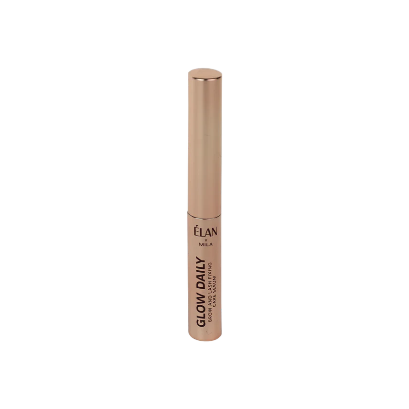 Élan x Mila Glow Daily Brow and Lash Fixing Serum in a sleek gold tube, designed for daily care, shine, and long-lasting hold