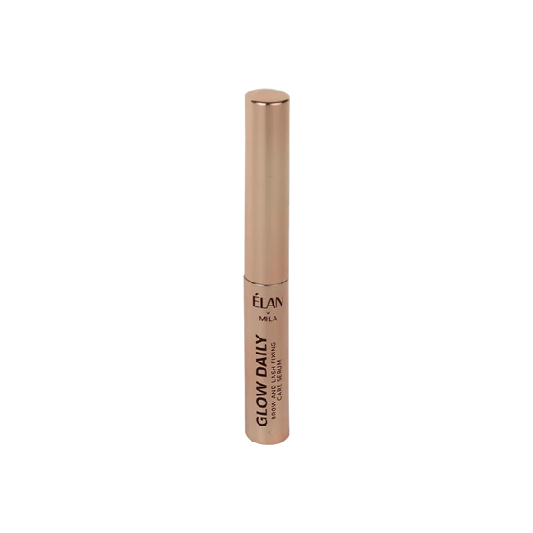 Élan x Mila Glow Daily Brow and Lash Fixing Serum in a sleek gold tube, designed for daily care, shine, and long-lasting hold