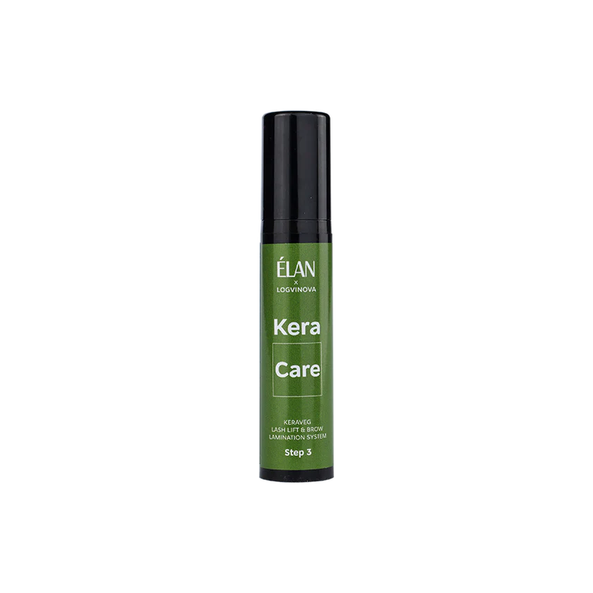 Élan Kera Care Step 3 from the Keraveg Lash Lift and Brow Lamination System, in a sleek green bottle for nourishing aftercare
