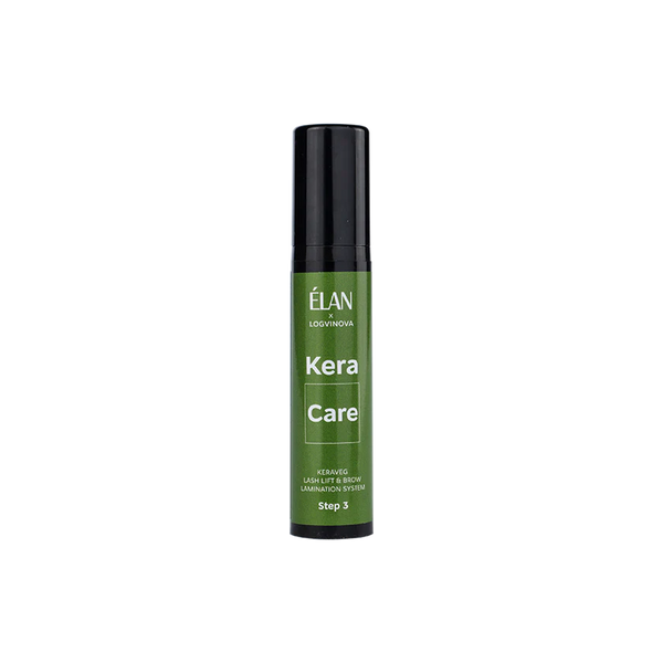 Élan Kera Care Step 3 from the Keraveg Lash Lift and Brow Lamination System, in a sleek green bottle for nourishing aftercare