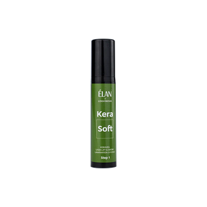 Élan Kera Soft Step 1 from the Keraveg Lash Lift and Brow Lamination System, a green bottle for gentle prepping and softening hair.