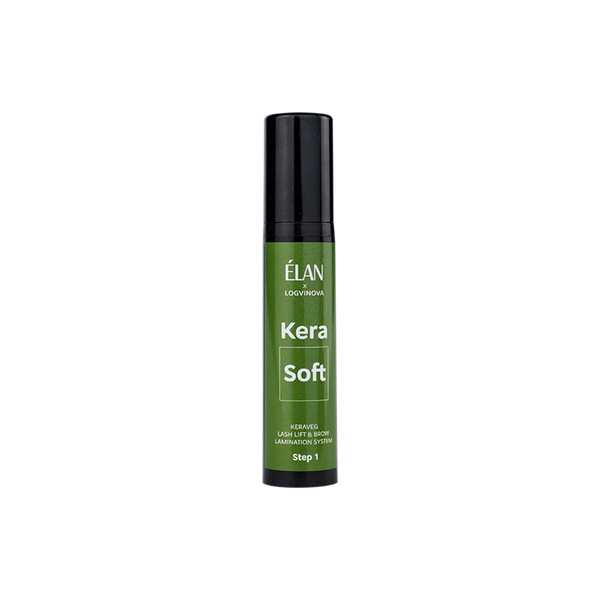 Élan Kera Soft Step 1 from the Keraveg Lash Lift and Brow Lamination System, a green bottle for gentle prepping and softening hair.
