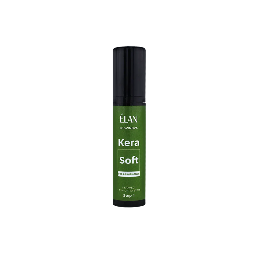 Élan Kera Soft Step 1 for Lashes Only from the Keraveg Lash Lift System, in a green bottle designed to gently prep lashes before lifting