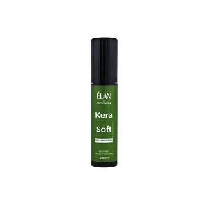 Élan Kera Soft Step 1 for Lashes Only from the Keraveg Lash Lift System, in a green bottle designed to gently prep lashes before lifting