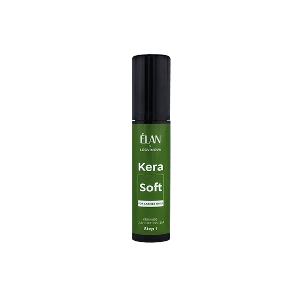 Élan Kera Soft Step 1 for Lashes Only from the Keraveg Lash Lift System, in a green bottle designed to gently prep lashes before lifting