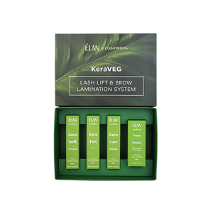 ELAN x Logvinova KeraVEG Lash Lift & Brow Lamination System kit with four green-labeled bottles: Kera Soft, Kera Tint, Kera Care, and Kera Boost, presented in a green box with a leaf design on the lid