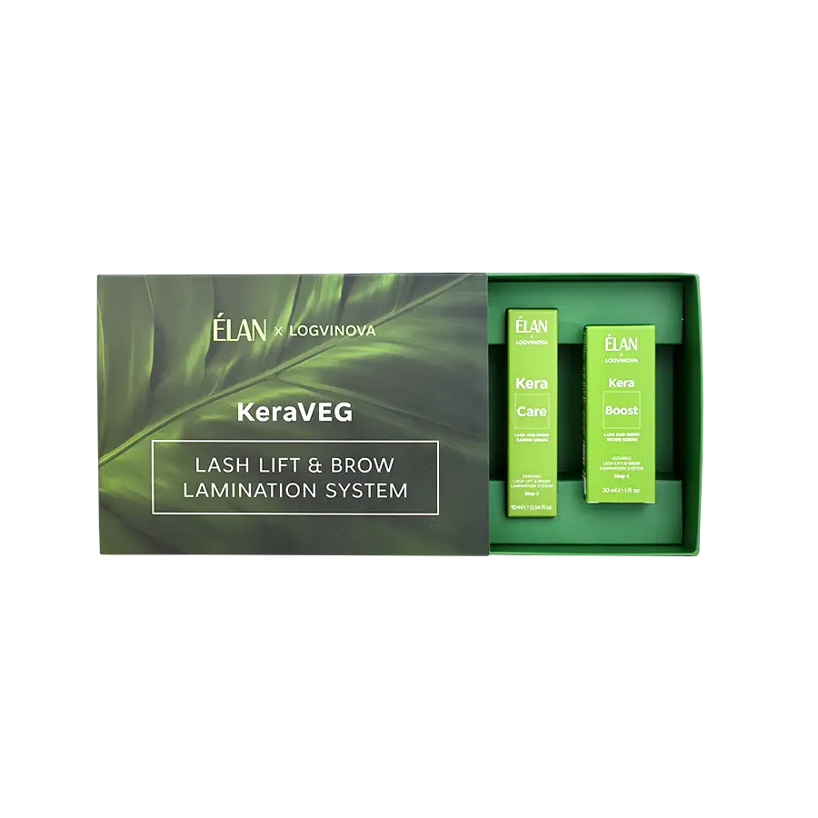 ELAN x Logvinova KeraVEG Lash Lift & Brow Lamination System kit with four green-labeled bottles: Kera Soft, Kera Tint, Kera Care, and Kera Boost, presented in a green box with a leaf design on the lid