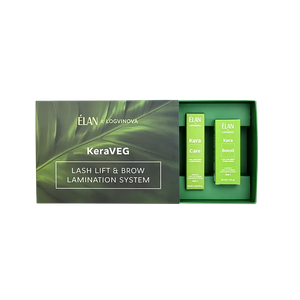ELAN x Logvinova KeraVEG Lash Lift & Brow Lamination System kit with two green bottles, Kera Care and Kera Boost, in a sleek green box