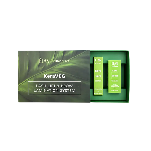 ELAN x Logvinova KeraVEG Lash Lift & Brow Lamination System kit with two green bottles, Kera Care and Kera Boost, in a sleek green box