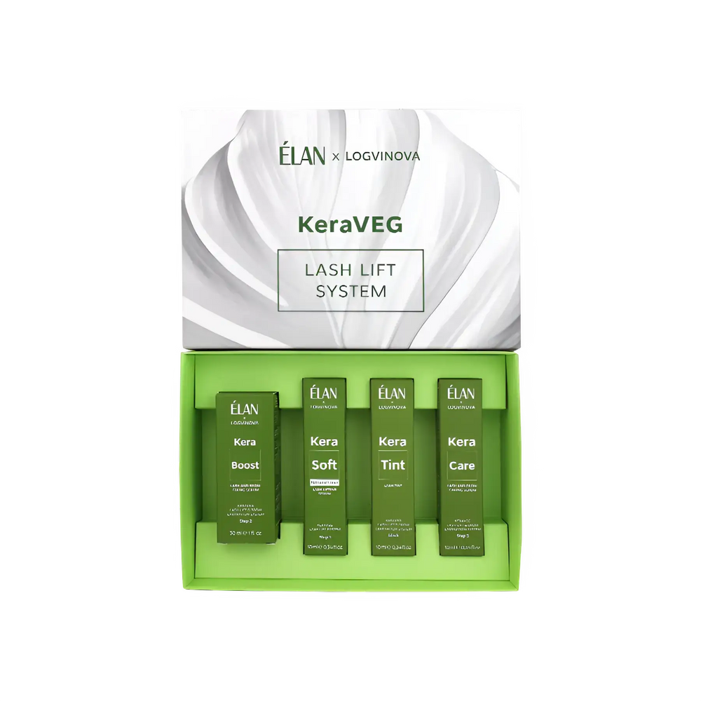 ELAN KeraVEG Lash Lift System Kit with four professional products — Kera Boost, Kera Soft, Kera Tint, and Kera Care — for nourishing vegan lash lifting and tinting treatments