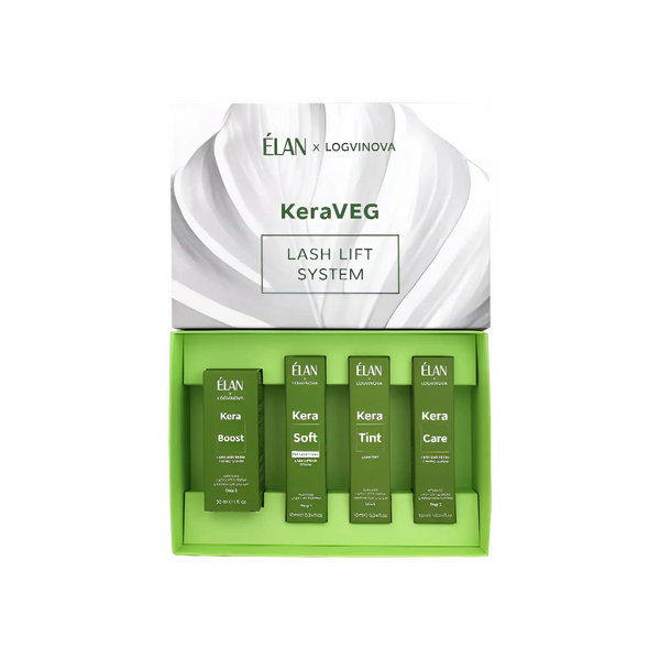 ELAN KeraVEG Lash Lift System Kit with four professional products — Kera Boost, Kera Soft, Kera Tint, and Kera Care — for nourishing vegan lash lifting and tinting treatments