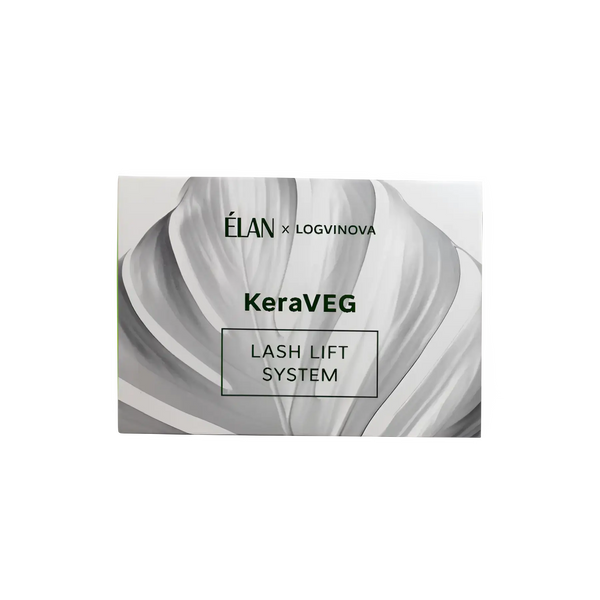 ELAN x Logvinova KeraVEG Lash Lift System closed box in green and white packaging, designed for vegan lash lifting and tinting treatments.