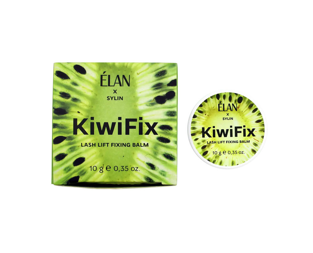 Élan x Sylin KiwiFix Lash Lift Fixing Balm in 10g jar with matching kiwi-themed box design, featuring vibrant green and black seed pattern