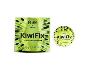 Élan x Sylin KiwiFix Lash Lift Fixing Balm in 10g jar with matching kiwi-themed box design, featuring vibrant green and black seed pattern