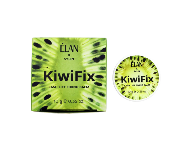 Élan x Sylin KiwiFix Lash Lift Fixing Balm in 10g jar with matching kiwi-themed box design, featuring vibrant green and black seed pattern