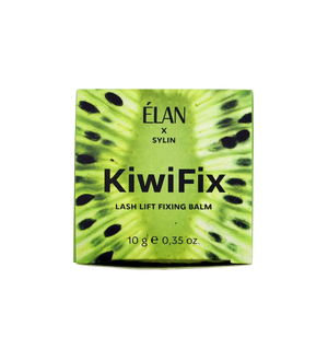 Élan x Sylin KiwiFix Lash Lift Fixing Balm 10g box with vivid green kiwi fruit pattern and bold black text on a fresh, eye-catching design