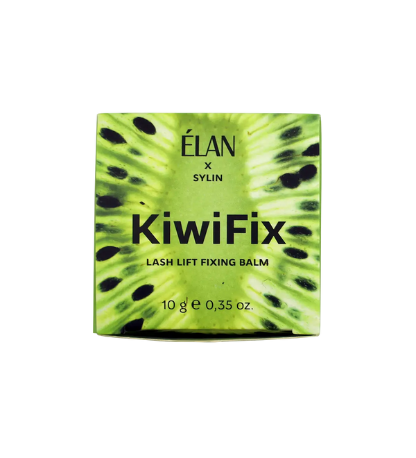 Élan x Sylin KiwiFix Lash Lift Fixing Balm 10g box with vivid green kiwi fruit pattern and bold black text on a fresh, eye-catching design