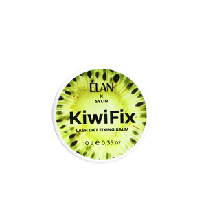 Élan x Sylin KiwiFix Lash Lift Fixing Balm 10g round container with vivid kiwi fruit design, black text, and fresh green-yellow tones