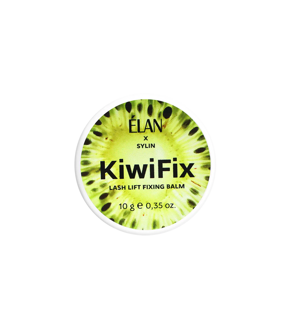 Élan x Sylin KiwiFix Lash Lift Fixing Balm 10g round container with vivid kiwi fruit design, black text, and fresh green-yellow tones