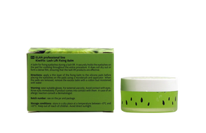 Élan KiwiFix Lash Lift Fixing Balm 10g in green kiwi-themed jar with black seed prints, shown beside box displaying usage directions and warnings